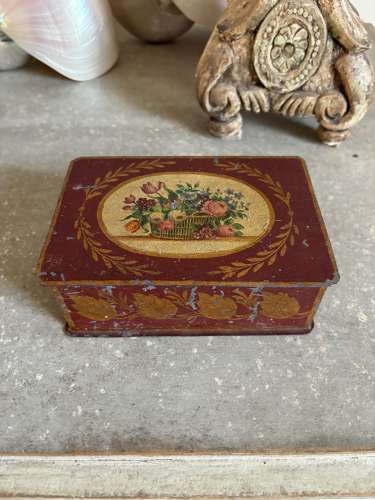 Early 20th Century Toleware Calling Card Tin - Beautiful Floral Top