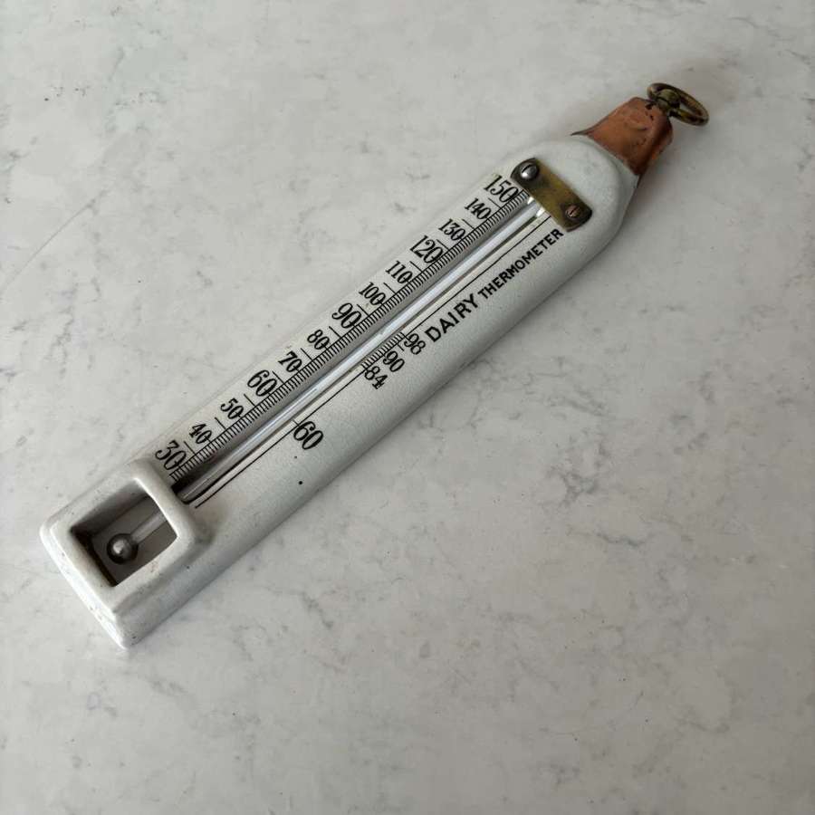 Edwardian White Ironstone Dairy Thermometer with Instructions to Rear