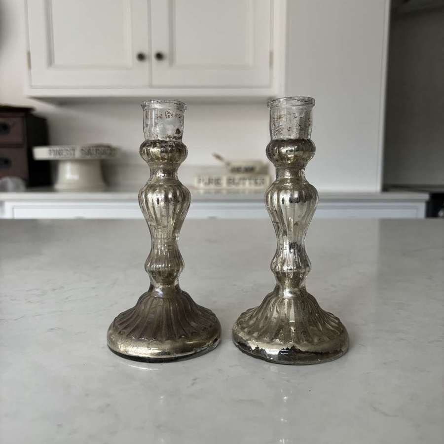 Matched Pair of Genuine Victorian Mercury Glass Candlesticks