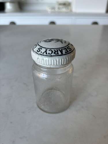 Early 20thC Glass Salt Jar with Ceramic Lid - Searcy’s Oriental Salt