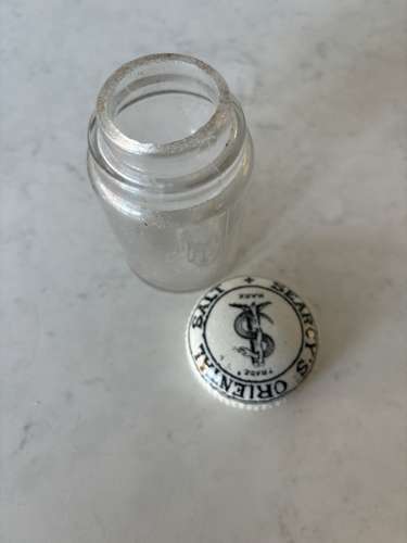 Early 20thC Glass Salt Jar with Ceramic Lid - Searcy’s Oriental Salt