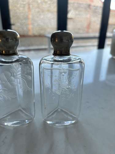Three Early 20thC Etched Glass Scent Bottles with Real Silver Tops