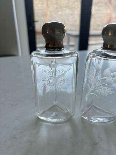 Three Early 20thC Etched Glass Scent Bottles with Real Silver Tops