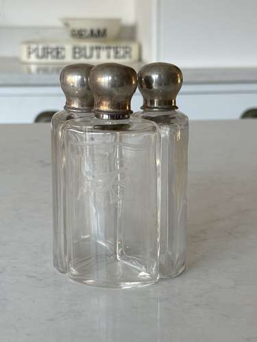 Three Early 20thC Etched Glass Scent Bottles with Real Silver Tops