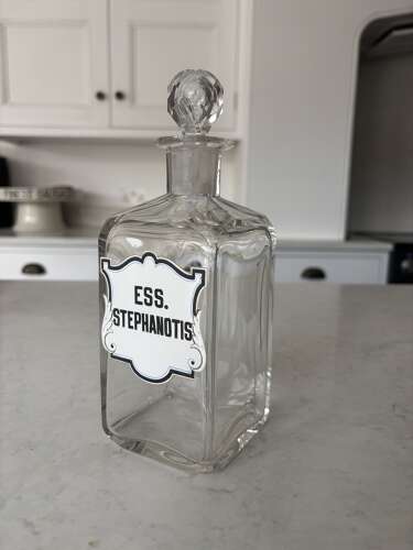 Pair of Edwardian Glass Perfumery Bottles with Painted Enamel Labels. Excellent Condition.