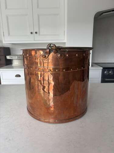 Large Victorian Copper Rivetted Coal Bucket. Great for Kindling Etc