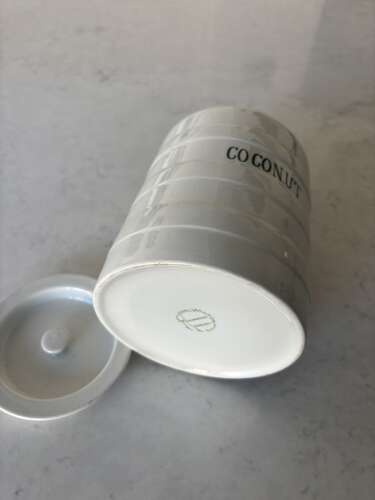 Early 20thC White Banded Kitchen Storage Jar with Lid - Rare Coconut