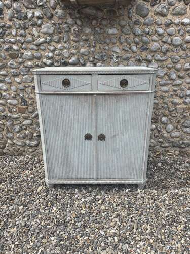 Late Victorian Gustavian Painted Pine Cupboard with Drawers Over - Swedish Pale Blue
