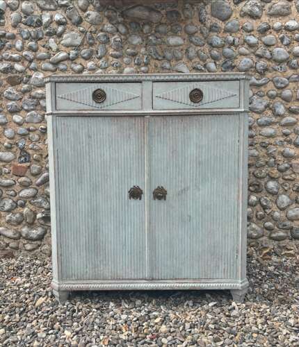 Late Victorian Gustavian Painted Pine Cupboard with Drawers Over - Swedish Pale Blue