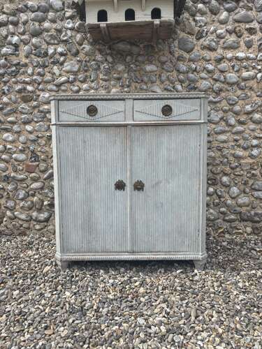Late Victorian Gustavian Painted Pine Cupboard with Drawers Over - Swedish Pale Blue