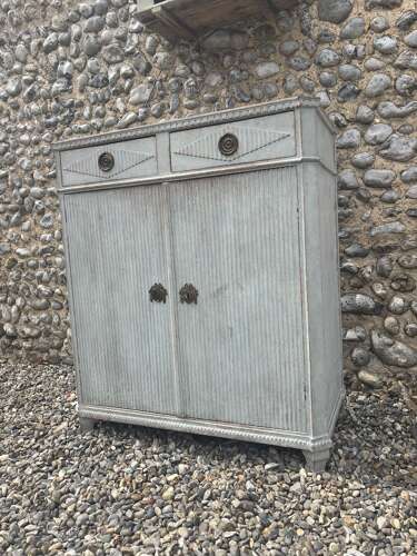 Late Victorian Gustavian Painted Pine Cupboard with Drawers Over - Swedish Pale Blue
