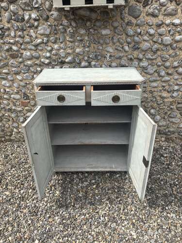 Late Victorian Gustavian Painted Pine Cupboard with Drawers Over - Swedish Pale Blue