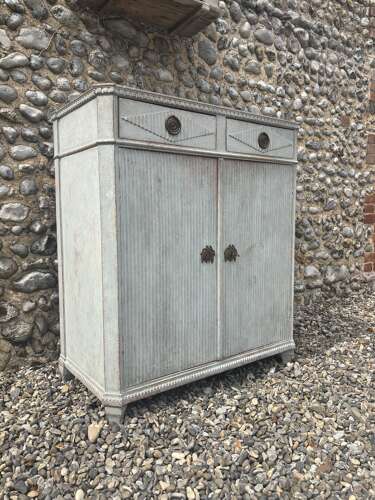 Late Victorian Gustavian Painted Pine Cupboard with Drawers Over - Swedish Pale Blue