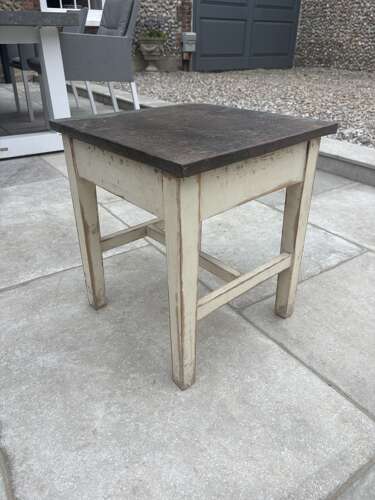 Antique Painted Pine Low Square Table - Stool with Zinc Top. Original Paint.
