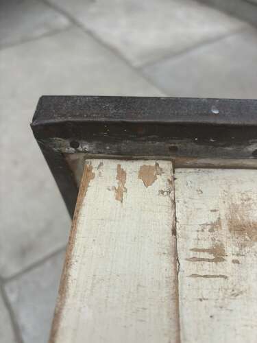 Antique Painted Pine Low Square Table - Stool with Zinc Top. Original Paint.
