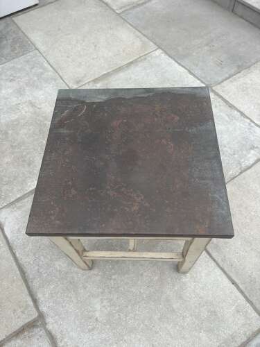 Antique Painted Pine Low Square Table - Stool with Zinc Top. Original Paint.
