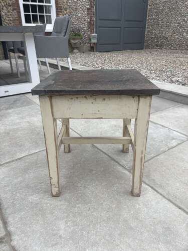 Antique Painted Pine Low Square Table - Stool with Zinc Top. Original Paint.