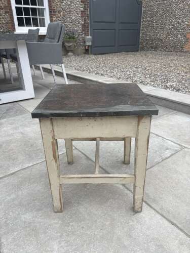Antique Painted Pine Low Square Table - Stool with Zinc Top. Original Paint.