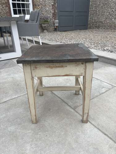 Antique Painted Pine Low Square Table - Stool with Zinc Top. Original Paint.
