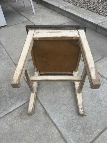 Antique Painted Pine Low Square Table - Stool with Zinc Top. Original Paint.