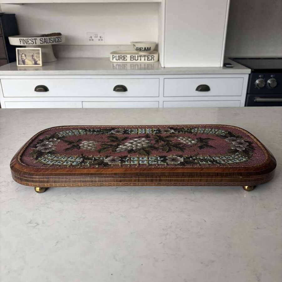Early 20thC Wonderful Beadwork Stand with Mahogony Veneer Base. Raised on Feet.