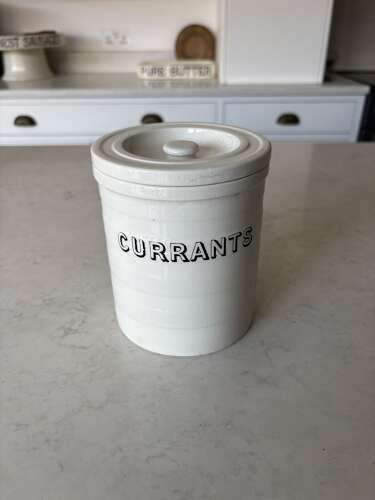 Late Victorian Maling White Banded Kitchen Storage Jar with Lid - Currants