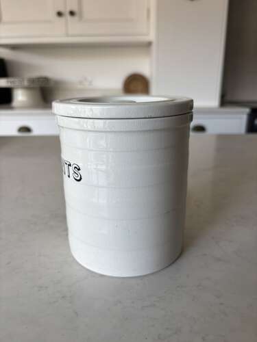 Late Victorian Maling White Banded Kitchen Storage Jar with Lid - Currants