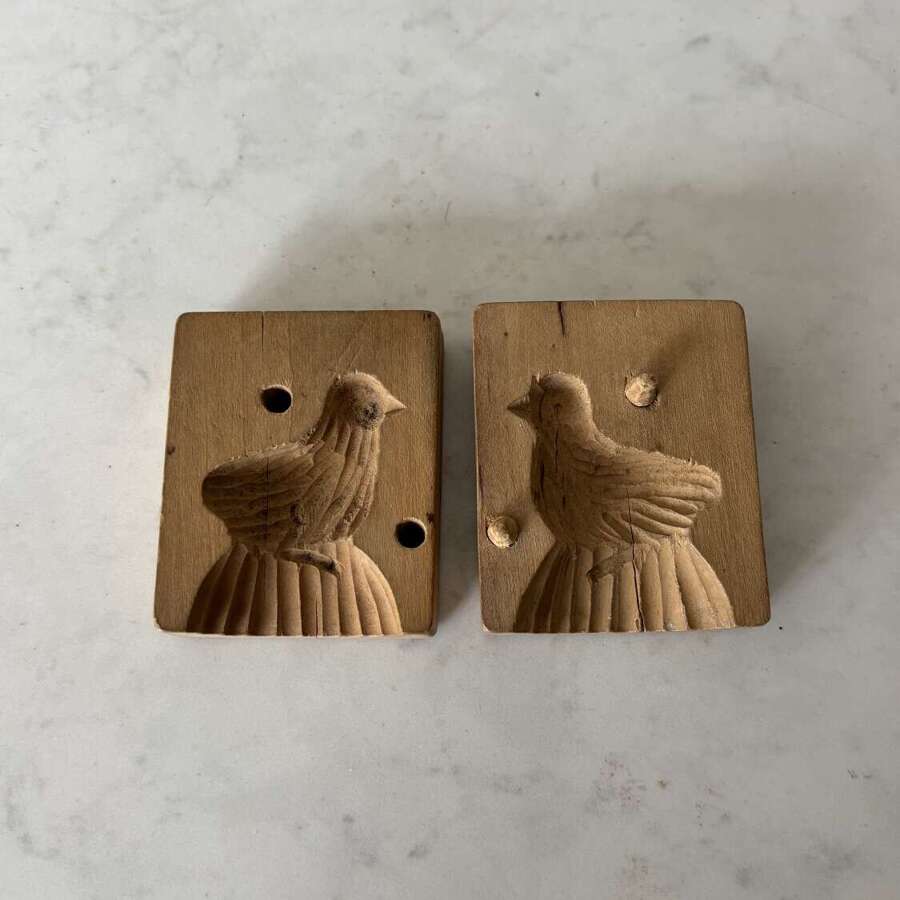 Late Victorian Rare Treen Hand Carved Pegged Two Part Butter Mould - Game Bird