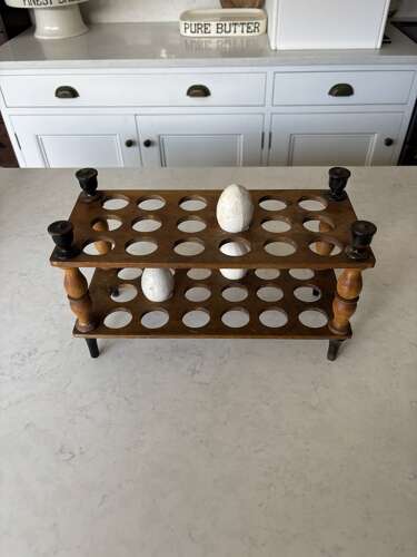 Victorian Treen Two Tier Egg Rack with Turned Column Support - Holds Three Dozen Eggs
