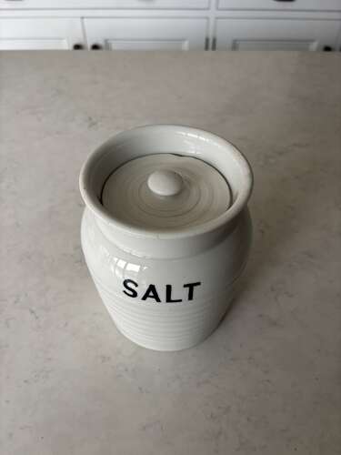 Edwardian Rarer Subject White Ironstone Kitchen Storage Jar with Original Lid - SALT