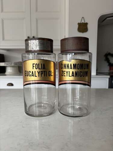 Late Victorian Hand Blown Chemist Jars with Tole Lids & Original Labels