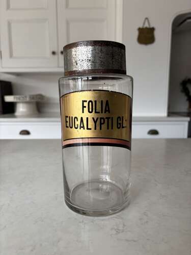 Late Victorian Hand Blown Chemist Jars with Tole Lids & Original Labels
