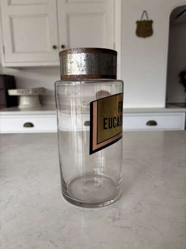Late Victorian Hand Blown Chemist Jars with Tole Lids & Original Labels