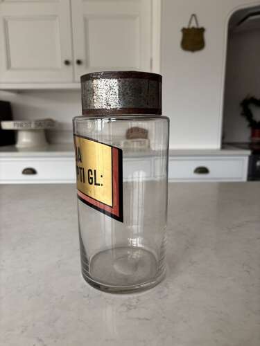 Late Victorian Hand Blown Chemist Jars with Tole Lids & Original Labels