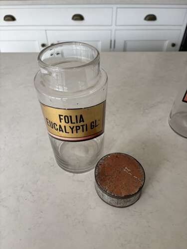 Late Victorian Hand Blown Chemist Jars with Tole Lids & Original Labels