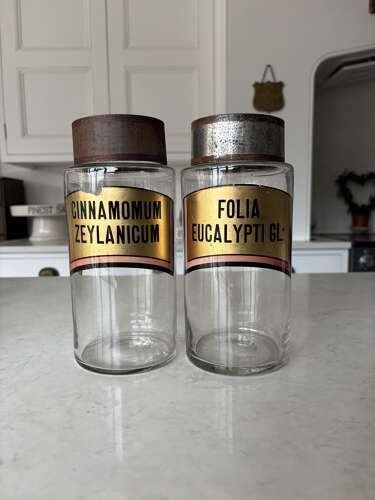 Late Victorian Hand Blown Chemist Jars with Tole Lids & Original Labels