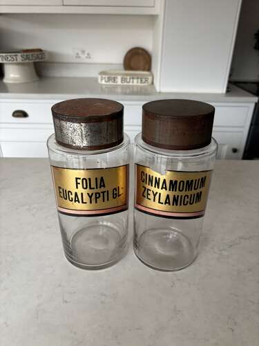 Late Victorian Hand Blown Chemist Jars with Tole Lids & Original Labels
