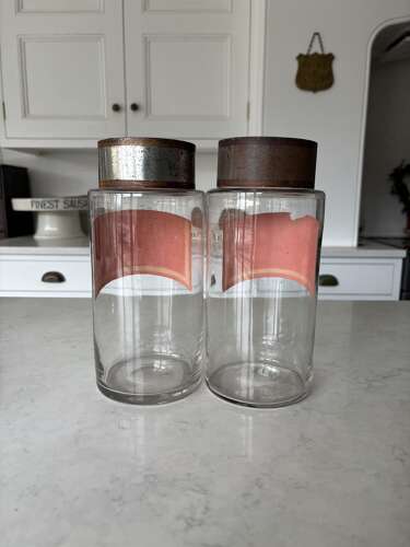 Late Victorian Hand Blown Chemist Jars with Tole Lids & Original Labels