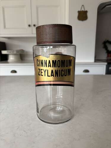Late Victorian Hand Blown Chemist Jars with Tole Lids & Original Labels