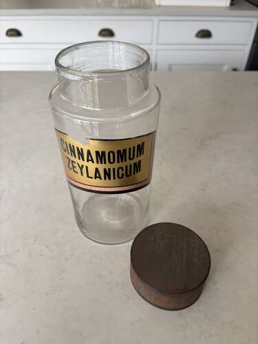 Late Victorian Hand Blown Chemist Jars with Tole Lids & Original Labels