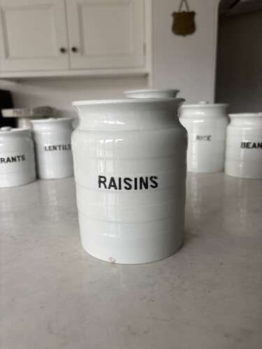 Early 20thC White Ironstone Banded Kitchen Jar - With Lid - Raisins