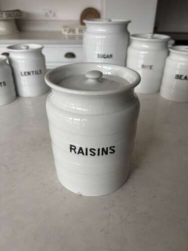Early 20thC White Ironstone Banded Kitchen Jar - With Lid - Raisins