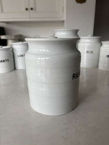 Early 20thC White Ironstone Banded Kitchen Jar - With Lid - Raisins