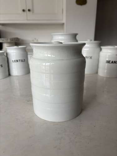 Early 20thC White Ironstone Banded Kitchen Jar - With Lid - Raisins