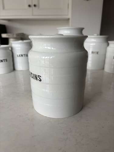 Early 20thC White Ironstone Banded Kitchen Jar - With Lid - Raisins