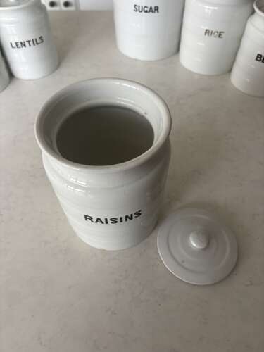 Early 20thC White Ironstone Banded Kitchen Jar - With Lid - Raisins