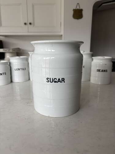 Early 20thC Large White Ironstone Banded Kitchen Storage Jar with Lid - Sugar