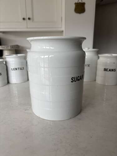 Early 20thC Large White Ironstone Banded Kitchen Storage Jar with Lid - Sugar