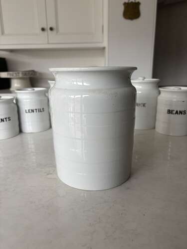Early 20thC Large White Ironstone Banded Kitchen Storage Jar with Lid - Sugar