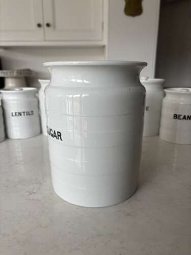 Early 20thC Large White Ironstone Banded Kitchen Storage Jar with Lid - Sugar